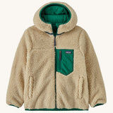 Patagonia Kids Reversible Ready Freddy Hoody in a Conifer Green showing the fleecy side on the jacket on a plain background.