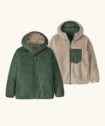 Patagonia kids reversible ready freddy hoody in canopy green shown on both sides. One side is a solid canopy green the other is cream fleeces with green zipped chest pocket.