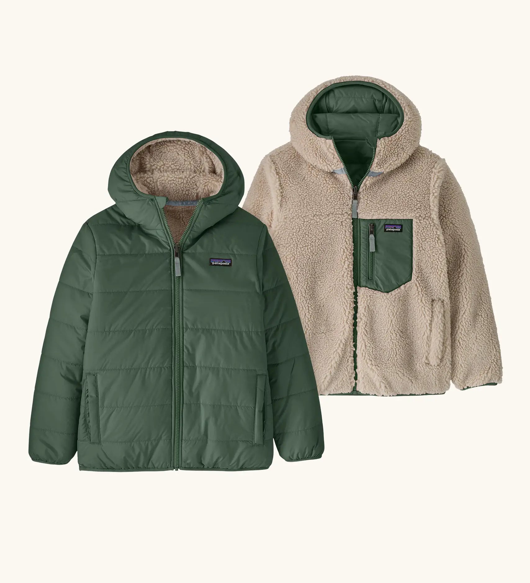 Patagonia kids reversible ready freddy hoody in canopy green shown on both sides. One side is a solid canopy green the other is cream fleeces with green zipped chest pocket.
