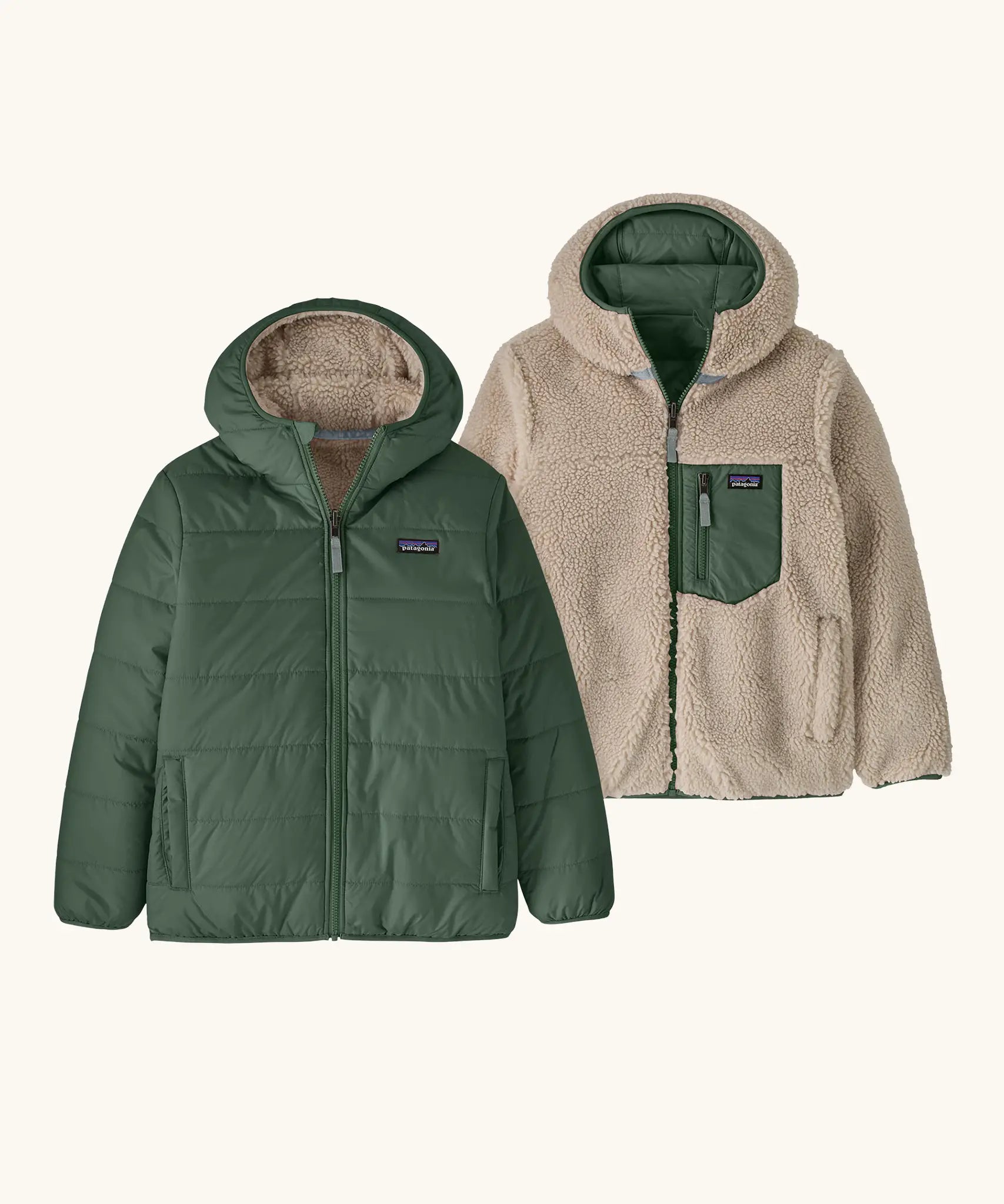 Patagonia kids reversible ready freddy hoody in canopy green shown on both sides. One side is a solid canopy green the other is cream fleeces with green zipped chest pocket.