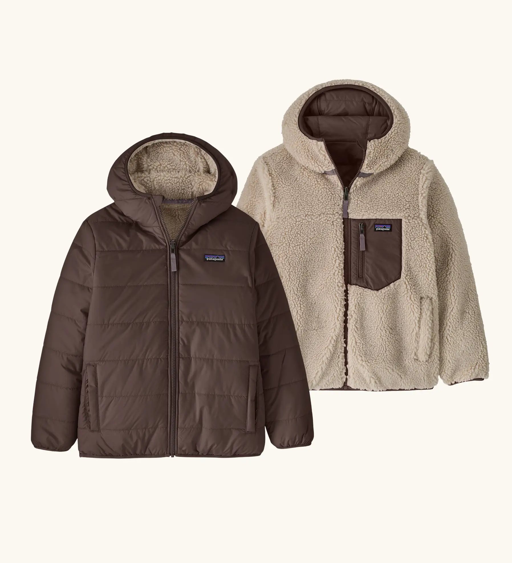 Patagonia kids reversible ready freddy hoody in den brown shown on both sides. One side is a solid den brown the other is cream fleece with brown zipped chest pocket.