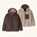 Patagonia kids reversible ready freddy hoody in den brown shown on both sides. One side is a solid den brown the other is cream fleece with brown zipped chest pocket.