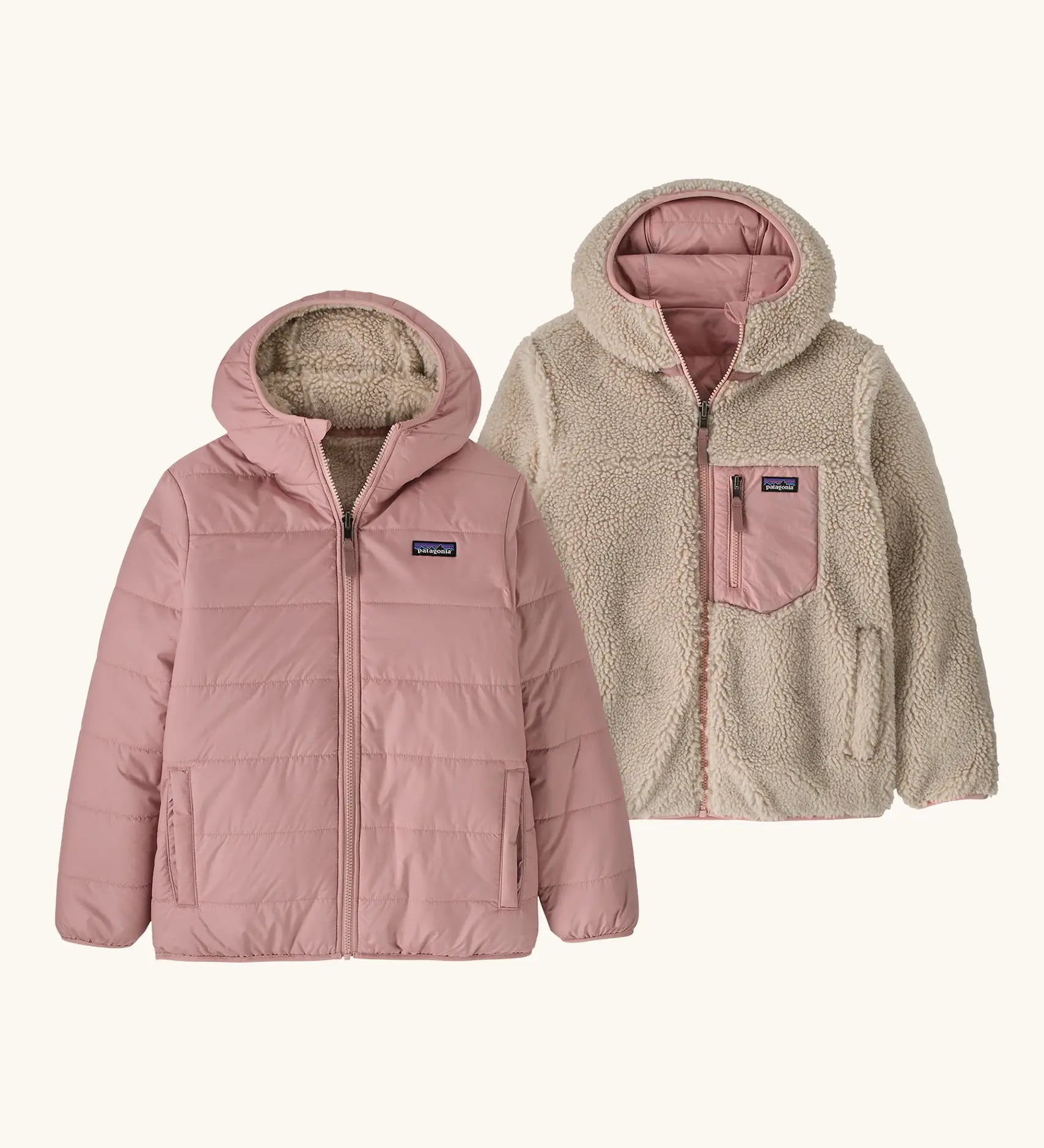 Patagonia kids reversible ready freddy hoody water resistant jacket in fuzzy mauve. Shown on both sides, pink fuzz mauve and cream fleece side with pink zipped chest pocket.