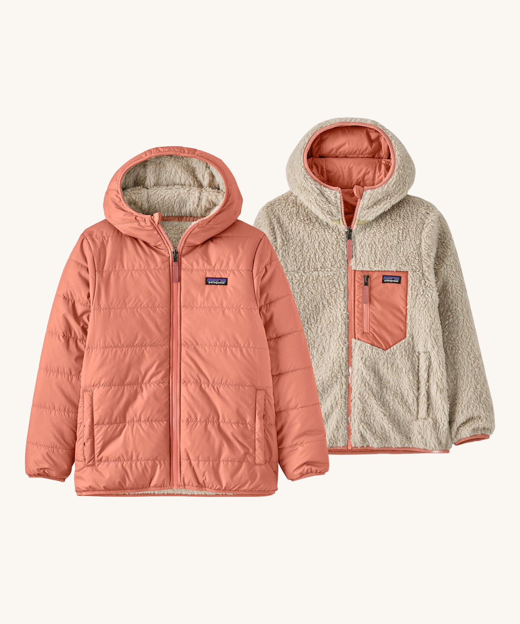 Patagonia Kids Reversible Ready Freddy Hoody in the Moment Pink colour way.
