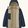 Patagonia kids reversible ready freddy hoody water resistant jacket in new navy. Front open showing cream fleece inside and navy zipped pocket.