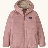 Patagonia kids reversible ready freddy hoody water resistant jacket in fuzzy mauve pink with small black logo on chest.