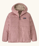 Patagonia kids reversible ready freddy hoody water resistant jacket in fuzzy mauve pink with small black logo on chest.