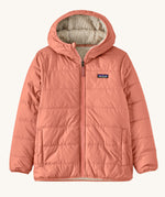 Patagonia Kids Reversible Ready Freddy Hoody in the Moment Pink colour way. The kids coat is shown with the pink water resistant shell on the outside.  We're proud stockists of Patagonia here at Babipur.