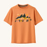 Patagonia kids short sleeve cap tshirt in a peach colour with logo on a cream background.