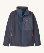 Patagonia kids techface jacket in smolder blue. A technical style jacket with blue zip detail, a chest pocket with the logo patch stitched on and 2 side pockets