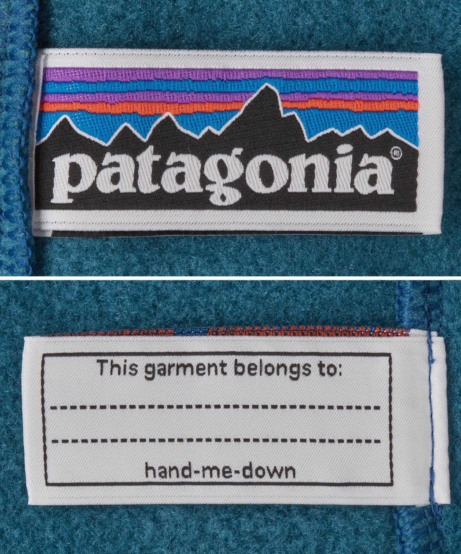 A close up of the name label and brand patch that's stitched on the Patagonia kids synchilla fleece.