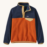 Patagonia Kids Synchchilla Snap-T pull over top in a  Redtail Rust colour way on a plain background. 