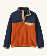 Patagonia Kids Synchchilla Snap-T pull over top in a  Redtail Rust colour way on a plain background. 