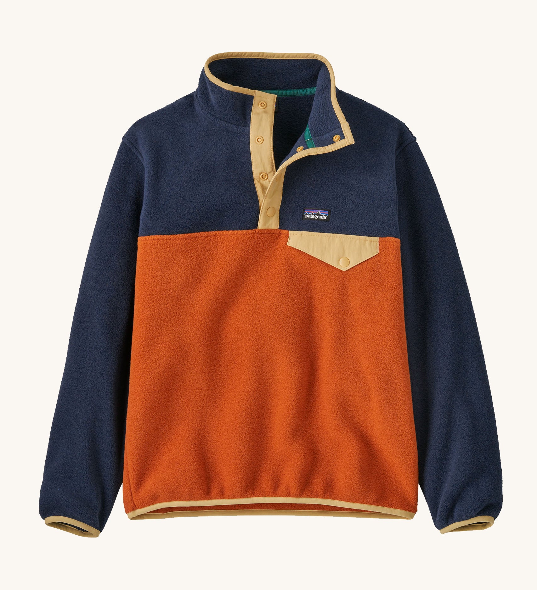 Patagonia Kids Synchchilla Snap-T pull over top in a  Redtail Rust colour way on a plain background. 
