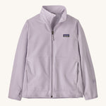 Patagonia kids tech face jacket in a light purple colour on a cream background.