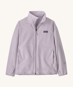 Patagonia kids tech face jacket in a light purple colour on a cream background.