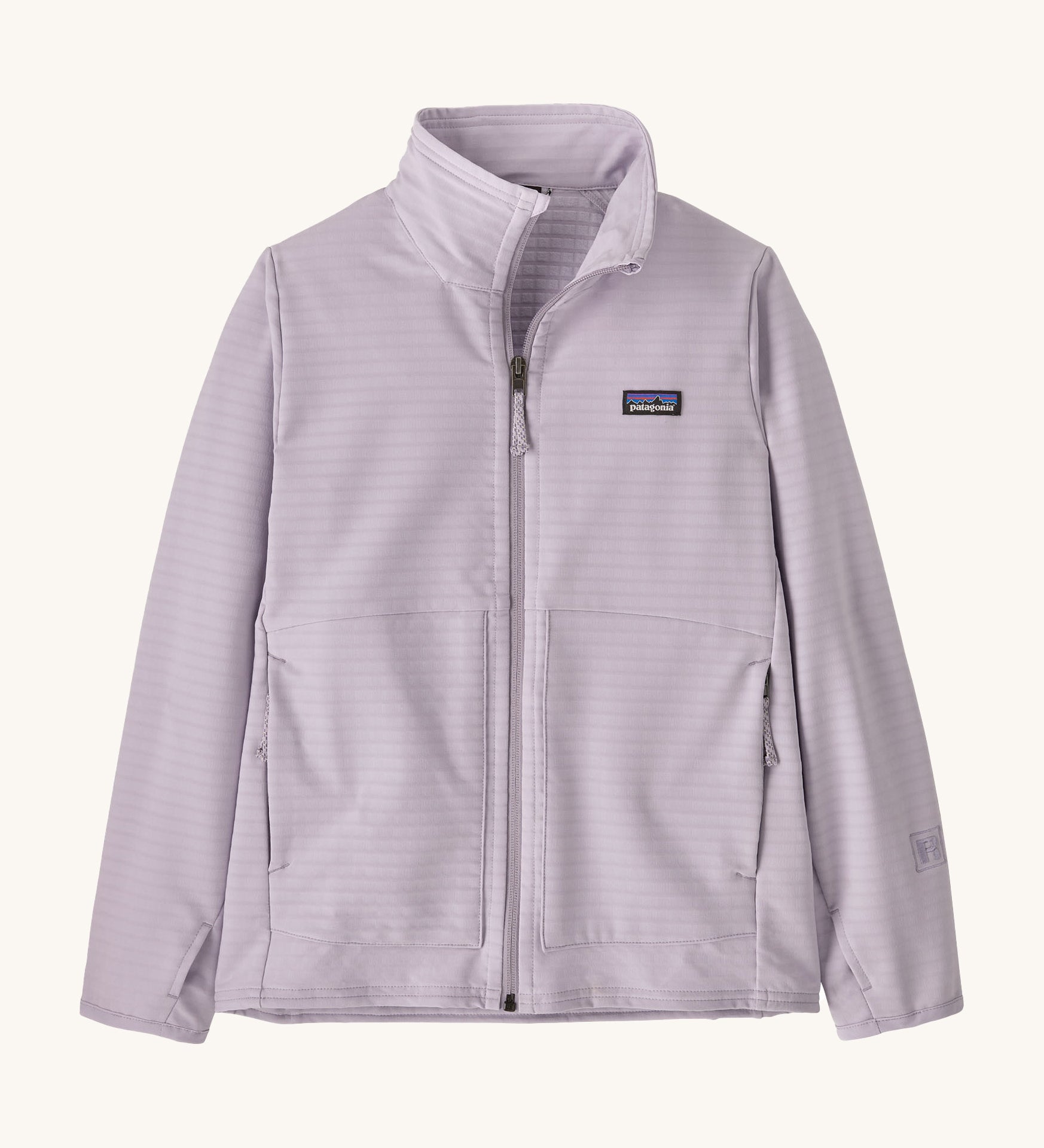 Patagonia kids tech face jacket in a light purple colour on a cream background.