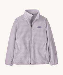Patagonia kids tech face jacket in a light purple colour on a cream background.