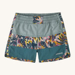Patagonia kids swim shorts in blue and green colour block on a cream background