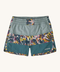 Patagonia kids swim shorts in blue and green colour block on a cream background