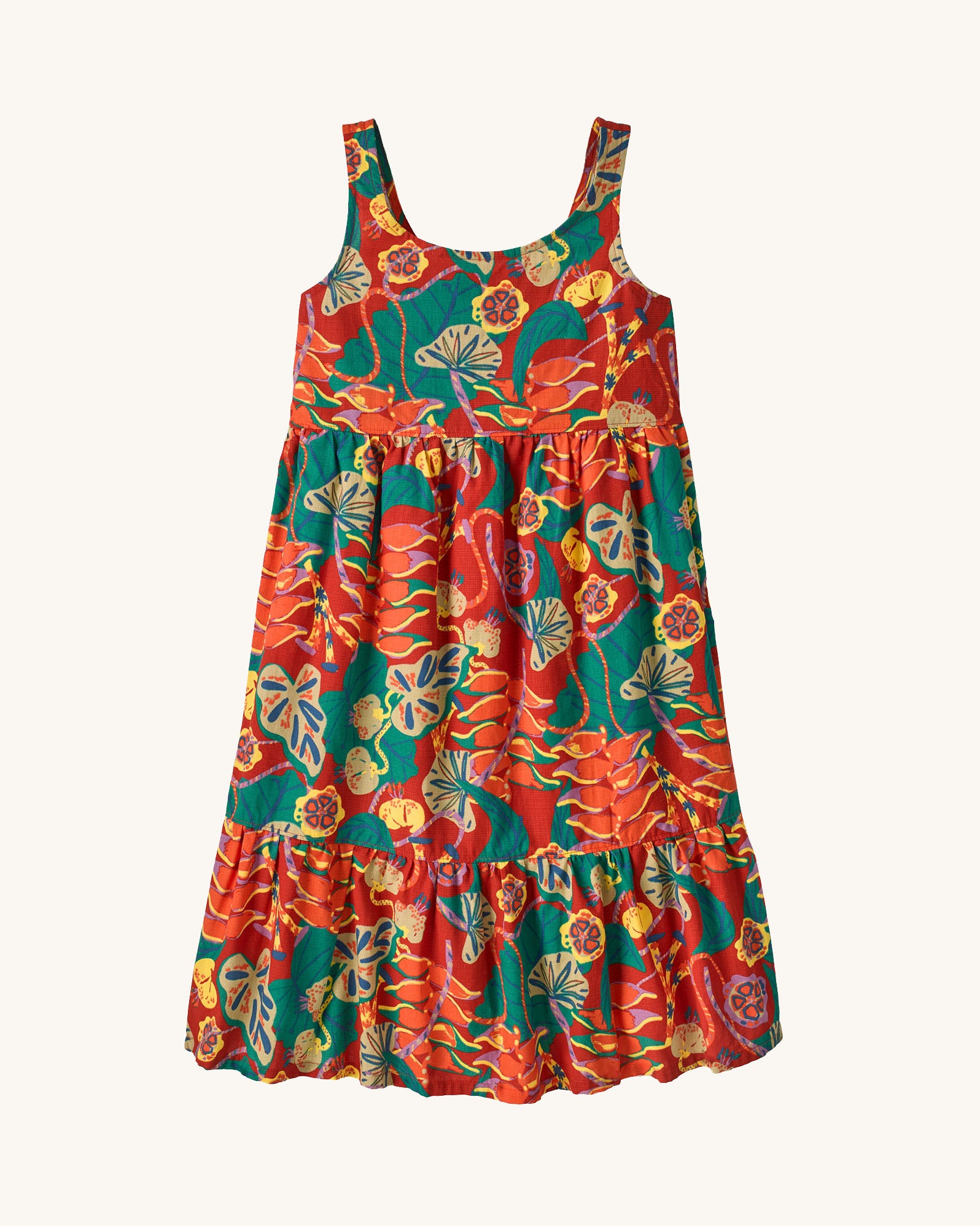 Patagonia kid's tidal threads sleeveless dress in hot ember orange with a leafy themed tropiclimb print all over. 