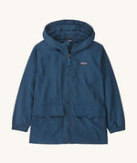 Patagonia kids outdoor everyday jacket in a dark blue colour on a cream background.