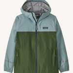 Patagonia Kids Torrentshell 3L Rain jacket in a thermal Blue colour on a plain background.