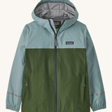 Patagonia Kids Torrentshell 3L Rain jacket in a thermal Blue colour on a plain background.