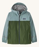 Patagonia Kids Torrentshell 3L Rain jacket in a thermal Blue colour on a plain background.