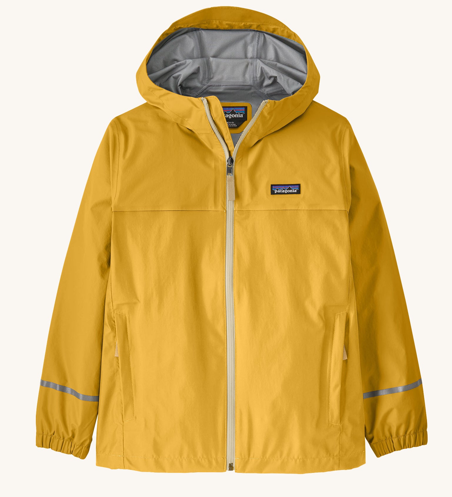 The Patagonia Kid's Torrentshell 3L Rain Jacket in a Milled Yellow colour on a plain background. 