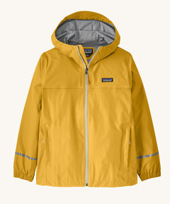 The Patagonia Kid's Torrentshell 3L Rain Jacket in a Milled Yellow colour on a plain background. 