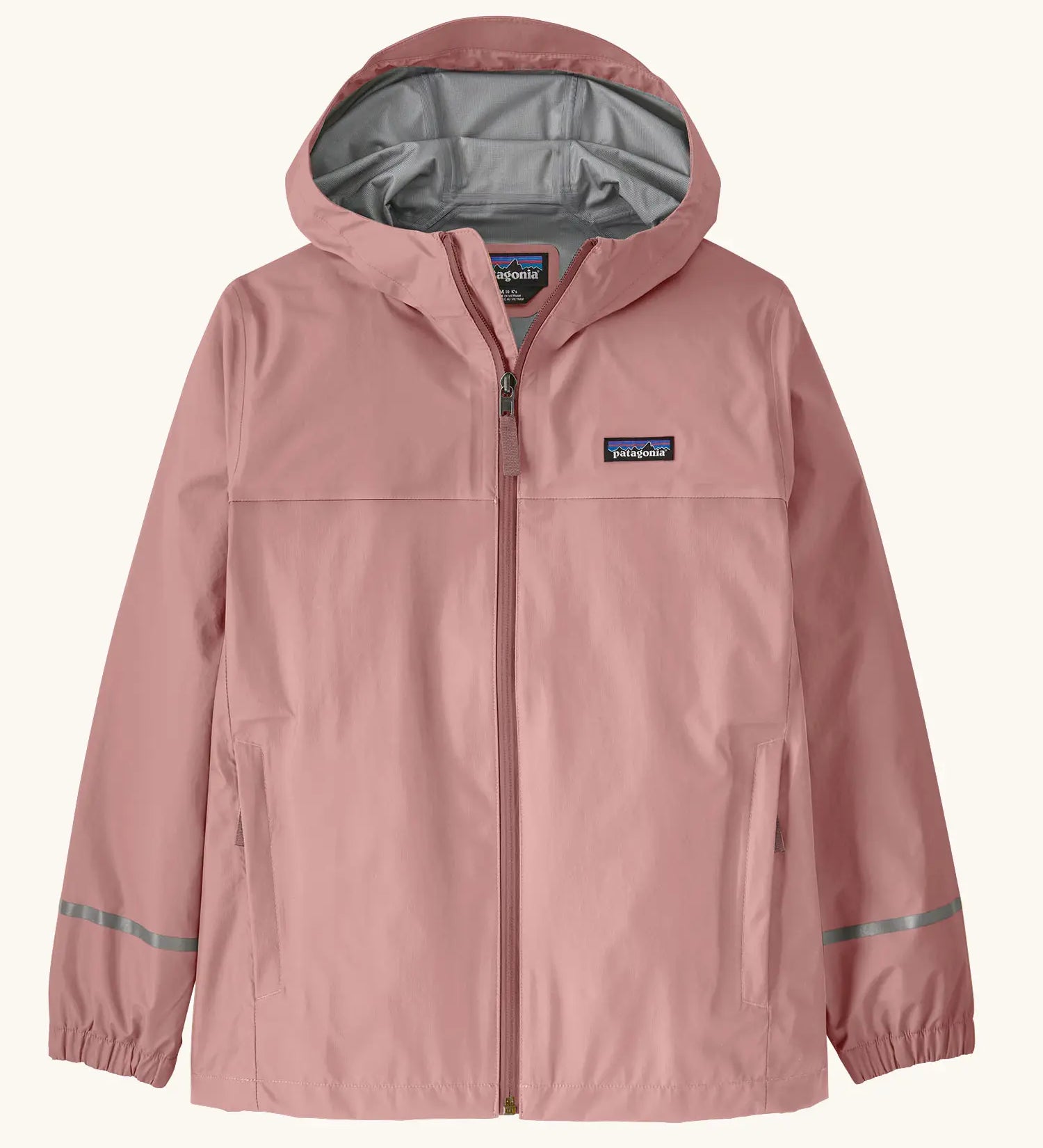 Patagonia kids torrentshell 3L waterproof raincoat in fuzzy mauve pink with reflective wrist bands, elasticated cuff and hand pockets. Small black logo label on the chest.