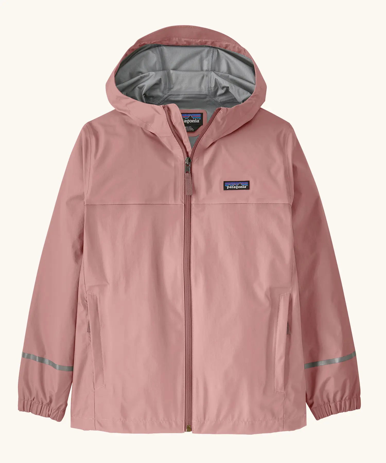 Patagonia kids torrentshell 3L waterproof raincoat in fuzzy mauve pink with reflective wrist bands, elasticated cuff and hand pockets. Small black logo label on the chest.