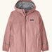 Patagonia kids torrentshell 3L waterproof raincoat in fuzzy mauve pink with reflective wrist bands, elasticated cuff and hand pockets. Small black logo label on the chest.