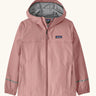 Patagonia kids torrentshell 3L waterproof raincoat in fuzzy mauve pink with reflective wrist bands, elasticated cuff and hand pockets. Small black logo label on the chest.