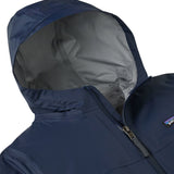 Patagonia Kid's Torrentshell 3-Layer Waterproof Rain Jacket in new navy showing the hood and main zip detail