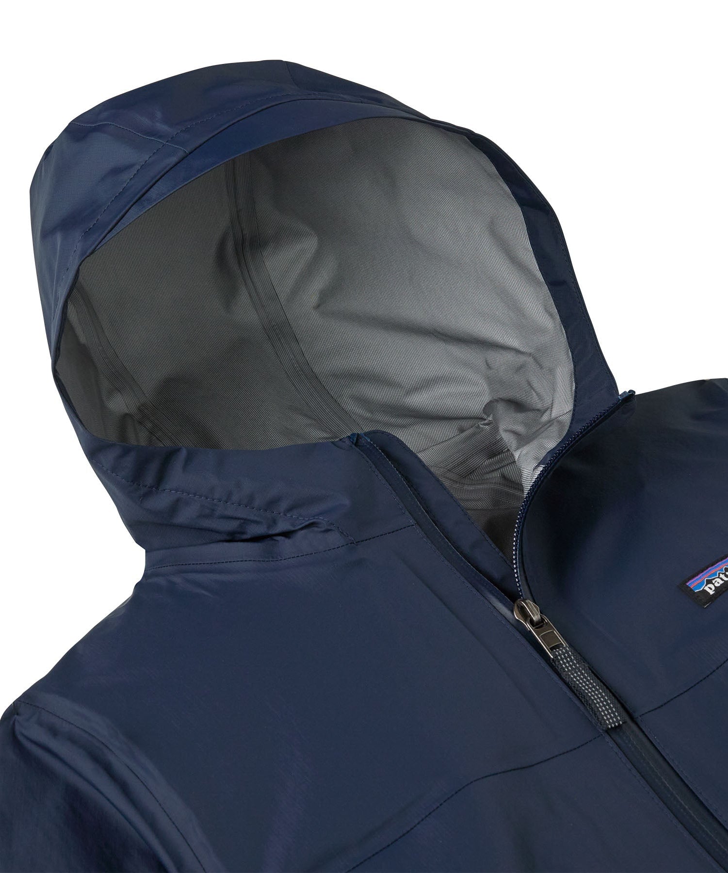 Patagonia Kid's Torrentshell 3-Layer Waterproof Rain Jacket in new navy showing the hood and main zip detail
