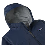Patagonia Kid's Torrentshell 3-Layer Waterproof Rain Jacket in new navy available at Babipur showing the hood and main zip detail
