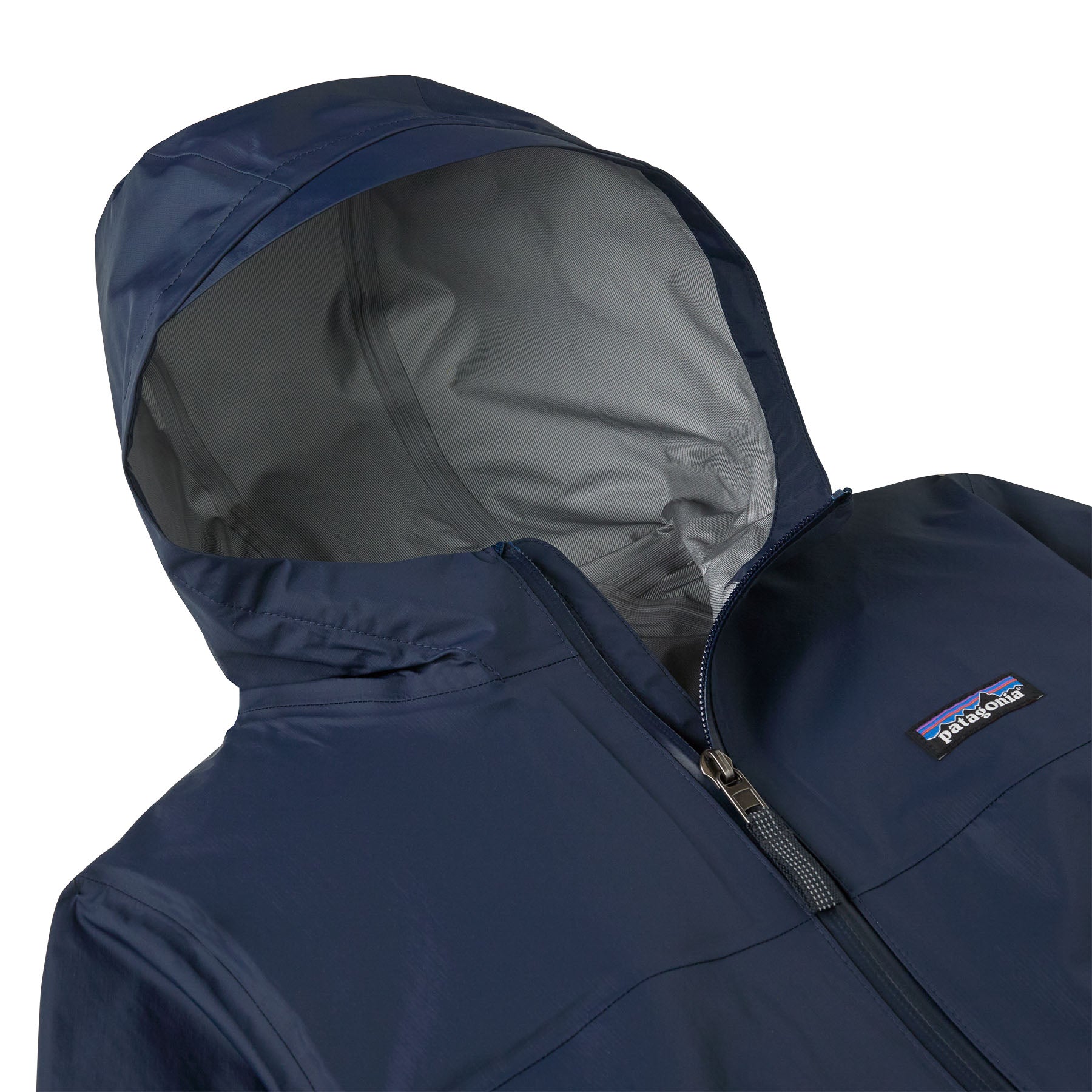 Patagonia Kid's Torrentshell 3-Layer Waterproof Rain Jacket in new navy available at Babipur showing the hood and main zip detail