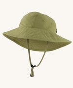 The Patagonia Kid's Trim Brim Sun Hat in green. Showing air holes on the side panel and adjustable chin strap