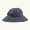 Patagonia kids recycled nylon wide brim sun hat in navy showing air holes on the side and elasticated size strap on the back