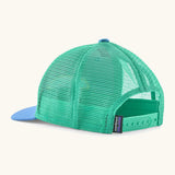 Patagonia kid's trucker hat in blue with  turquoise mesh on the back. Showing adjustable size strap