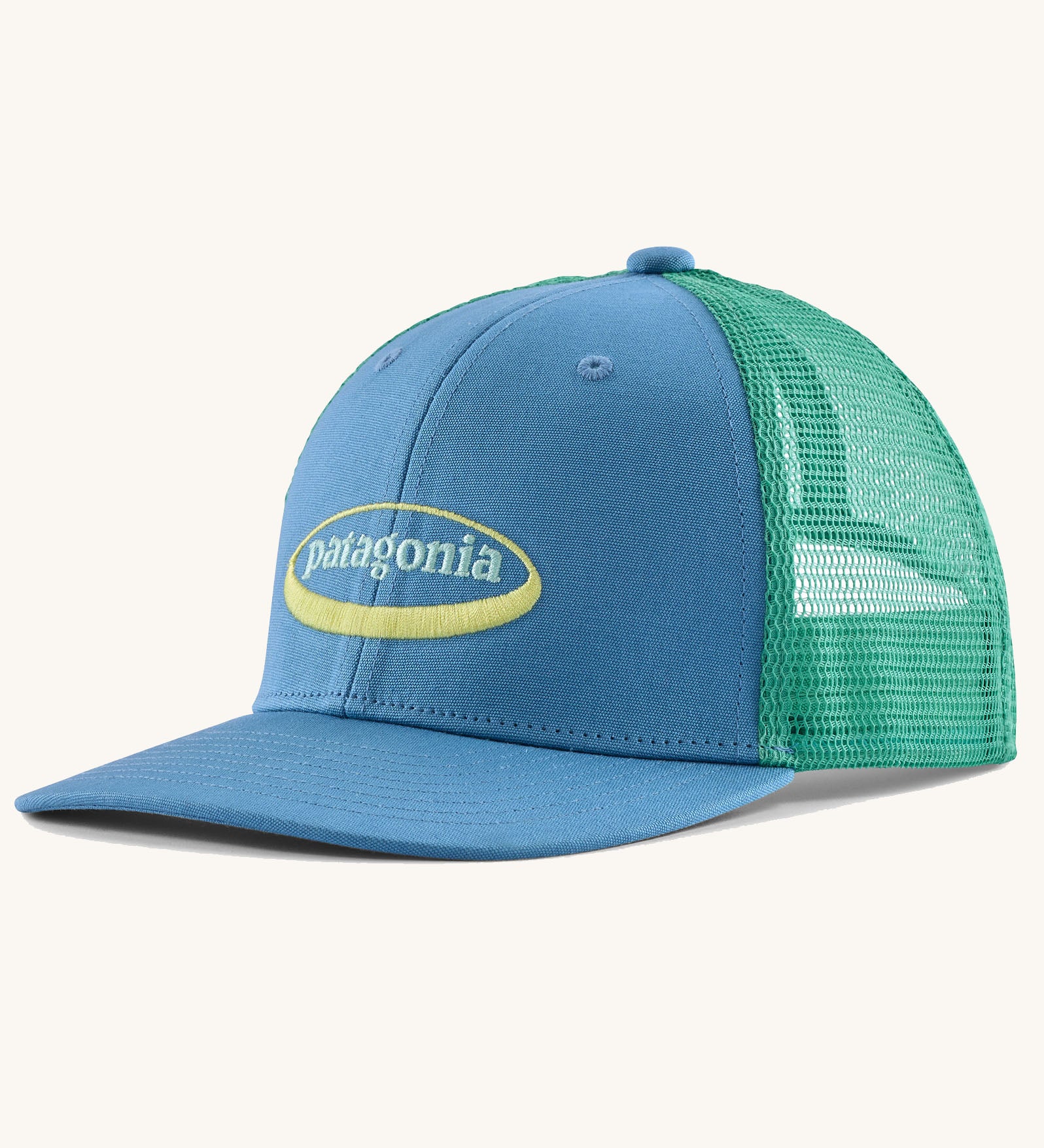 Patagonia kid's trucker hat with 95 oval logo in shore blue with green netting on the back