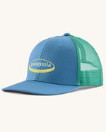 Patagonia kid's trucker hat with 95 oval logo in shore blue with green netting on the back