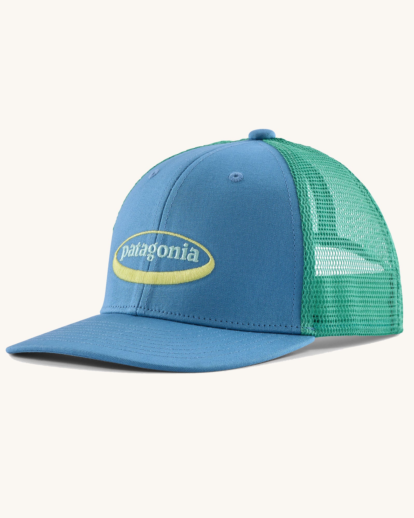 Patagonia kid's trucker hat with 95 oval logo in shore blue with green netting on the back