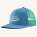 Patagonia kid's trucker hat with 95 oval logo in shore blue with green netting on the back