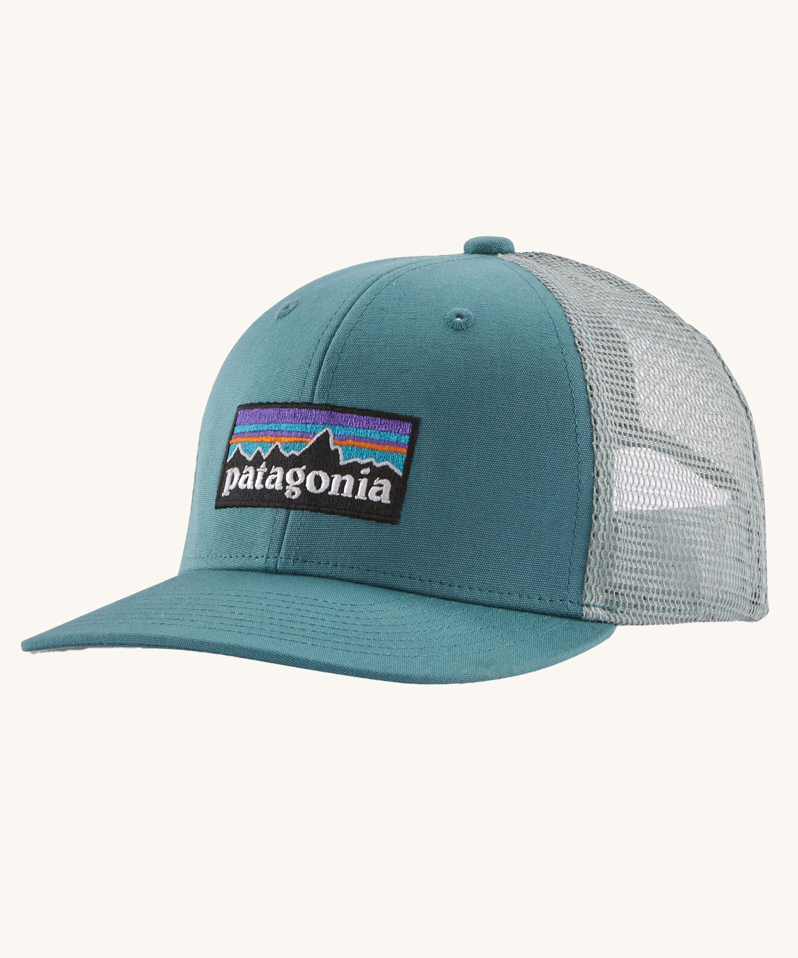Patagonia Kids Trucker Hat Baseball Cap in a P-6 Logo and Wetland Blue design on a plain background.