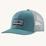 Patagonia Kids Trucker Hat Baseball Cap in a P-6 Logo and Wetland Blue design on a plain background.
