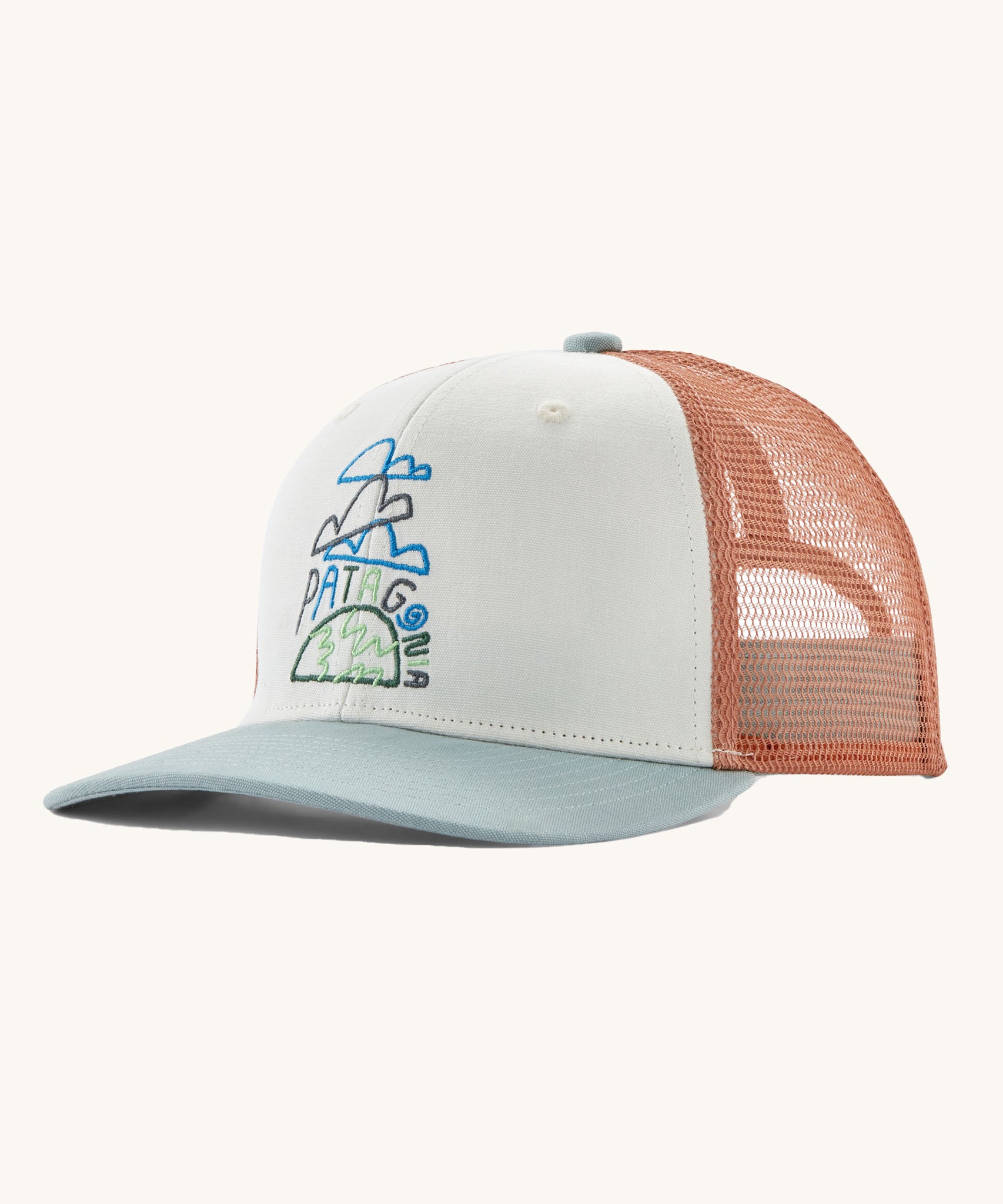 Patagonia Kids Trucker Hat with a Clouds & Earth design on a plain background.