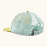 Patagonia kid's trucker hat in lemon zest yellow showing mind green mesh back panel and size adjustment strap